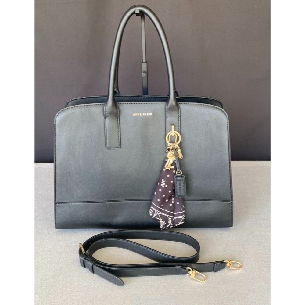 Anne Klein Black Satchel Tote Bag Scarf Charm Convertible Shoulder Crossbody